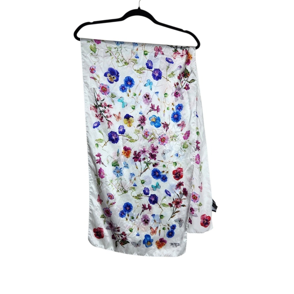 Patrizia Bellagio Silk of Como Italy Floral Butterfly Scarf White Blue Purple